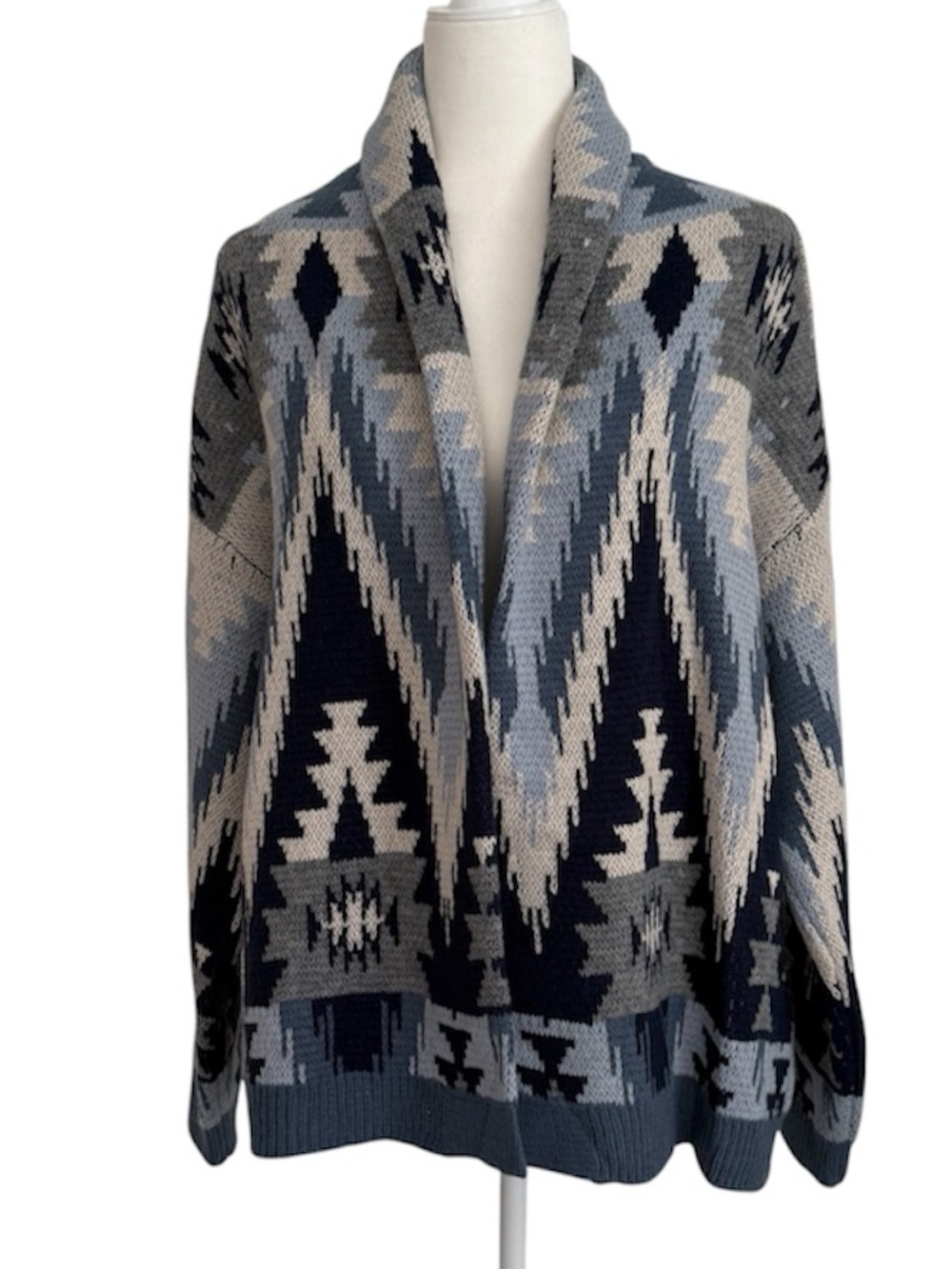 NWT Keren Hart Navy Southwestern Geometric Aztec Cozy Shawl Collar Cardigan Sz M